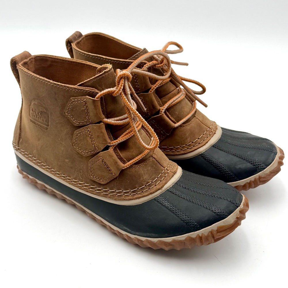 Sorel Boots Out N About Leather Duck Waterproof Tan Black NL2133-286 Women's 7